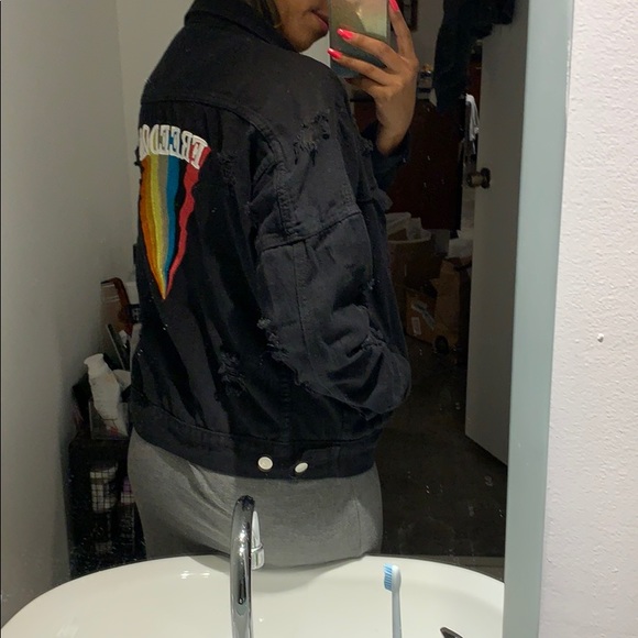 Distressed FREEDOM + PRIDE black denim jacket - Picture 6 of 7
